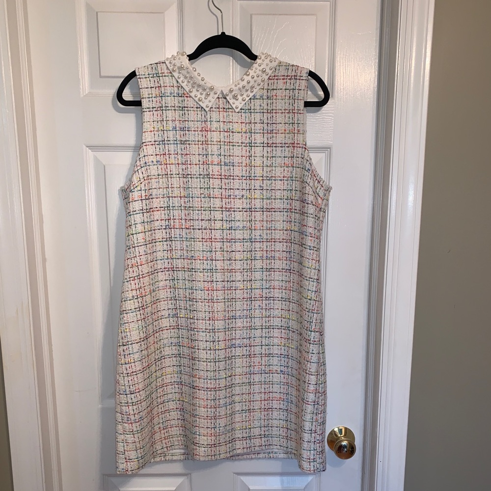 Tweed Colorful Dress with Pearl Neck Detail